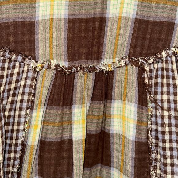 In Loom Brown Plaid Check Frayed Ruffle Relaxed Button Front Top Size Small - Picture 10 of 13